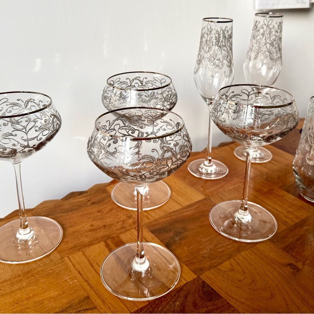 Anthropologie Silver Scroll Stemmed Champagne Glasses made in Slovakia - Picture 5 of 7